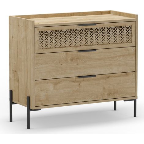 STERA - Commode 3 tiroirs 94 cm en mélamine - Chêne clair