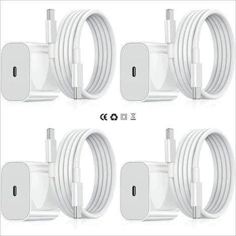 【YD】Lot de 4 chargeurs iPhone - Chargeur rapide - Adaptateur + câble de 2 mètres 20 W USB-C Blanc iPhone (NT) (1/5)