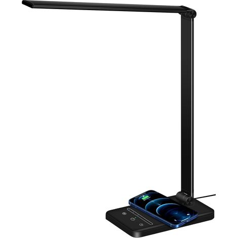 Lampe de Bureau avec Chargeur Sans Fil, Lampe de Bureau Dimmable 5 Modes de Couleur 6 Niveaux de Luminosité, Flexible Contrôle Tactile,Avec Port USB et Fonction Minuterie Pliable/Rotative [Classe éner (1/5)