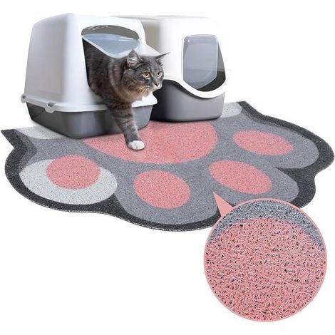 Tapis pour litière pour chat, 90x60cm, gris + rose, grand, antidérapant, imperméable, facile à nettoyer. (1/5)