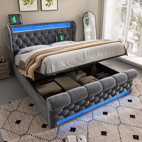 Lit double moderne capitonné 140x190cm, lit capitonné avec lumières LED, tête de lit avec rangement et ports USB et Type-C, sommier hydraulique, gris, velours (matelas non inclus), garantie 2 ans (1/5)