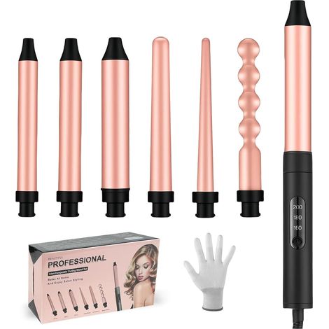 6 in 1 Hair Curler, Curling Iron, 160/180/200°C PTC Ceramic Curler, Adjustable Temperature, Curling Iron with Glove/LCD, Wave Iron for Long Short Thin and Thick Hair (1/5)