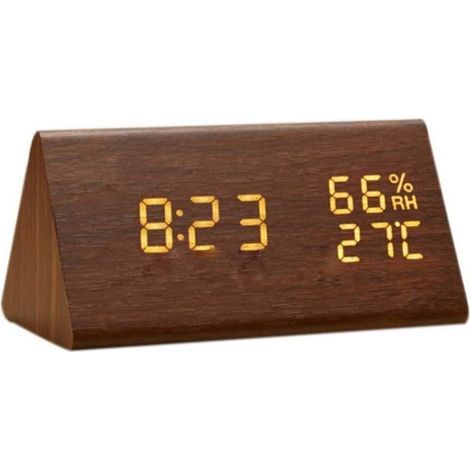 Reloj despertador de madera AIDUCHO, reloj despertador digital LED de madera, reloj de escritorio digital de madera con visualización de hora y temperatura, control de sonido y brillo ajustable. (1/5)