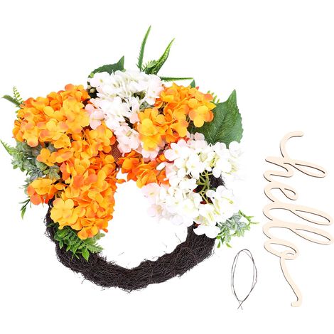 Couronne d'automne 40 cm faite main, fleurs d'eucalyptus artificielles, décoration murale de Thanksgiving, suspension de porte de bienvenue, hortensias jaunes et blancs (1/5)