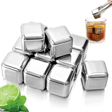 12 cubitos de hielo reutilizables, Cubitos de hielo, Trozos de hielo congelados, Enfría bebidas rápidamente, Con clip, Acero inoxidable, Plateado (1/5)