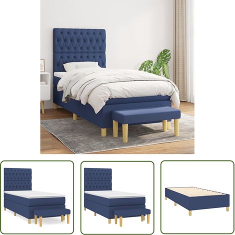 The Living Store Sommier à lattes de lit avec matelas Bleu 90x190 cm Tissu - Lit Plateforme - Lit Double - Literie - Matelas Ressorts Ensachés - Têtière Ajustable (1/5)