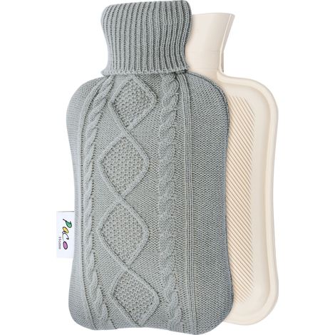 Paco Home Wärmflasche Bezug Fleece Groß 2L Bettflasche Strickbezug Kinder Erwachsene Weich Grau 2, 2 Liter