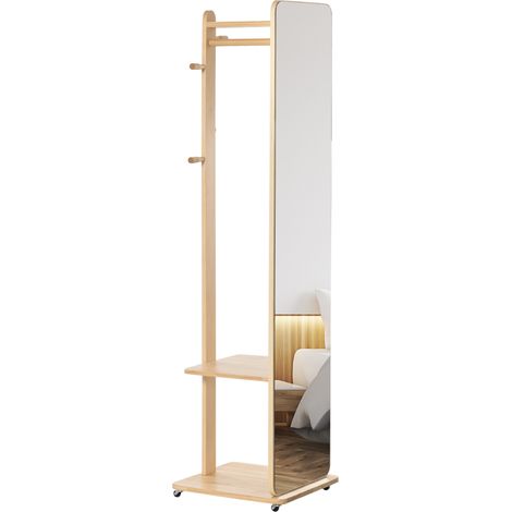Miroir sur Pied avec roulettes - Portant, 4 patères étagère MDF Aspect Bois Clair (1/5)
