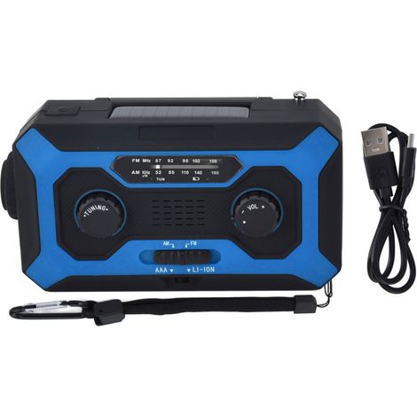 Radio d'urgence à manivelle AM/AM avec indicateur de batterie, lampe torche, banque d'énergie solaire pour camping extérieur - Bleu Version UE (1/5)