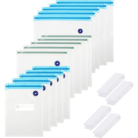 15 Reusable Food Vacuum Bags, Zip Vacuum Storage Bags, Food Seal Bags with 4 Sealing Clips, BPA Free Storage Bag for Fruits, Meat Bread (1/5)