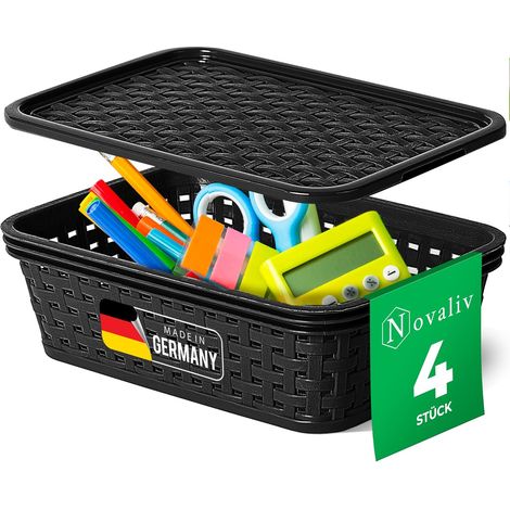 Novaliv lot de 4 paniers de rangement élégants avec couvercles aspect rotin Plastique alimentaire noir 1L pour le bureau et la maison. Boîtes de