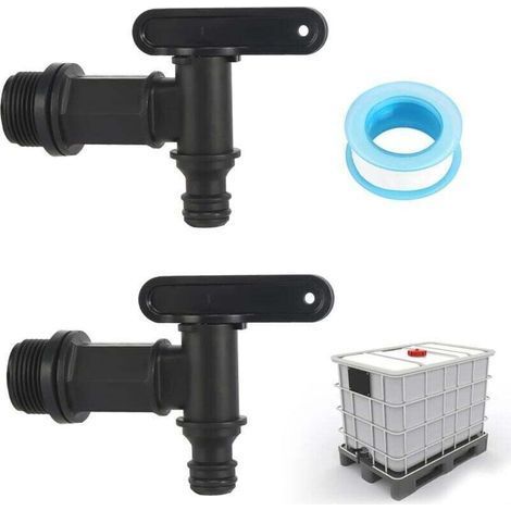 Deux Robinets pour Récupérateur d’Eau de Pluie : Sortie IBC 3/4 Pouces + Robinet de Rechange en Plastique avec Ruban Téflon (1/5)