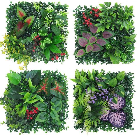 Mur de plantes d'extérieur - Lot de 4 plantes artificielles - 25 x 25 cm - Décoration pour mur, balcon et jardin (hybride 08) (1/5)