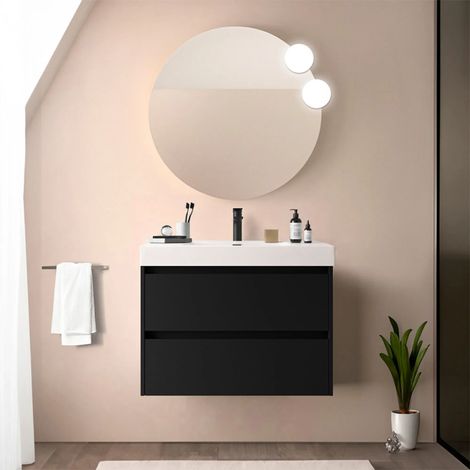 Mobile bagno sospeso 80 cm nero satinato con due cassetti e lavabo in resina Gaya (1/5)