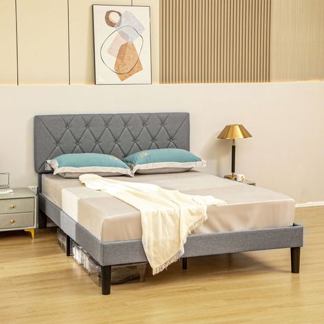 HOMCOM Double Bed Frame with 5-Level Adjustable Linen Headboard (1/5)