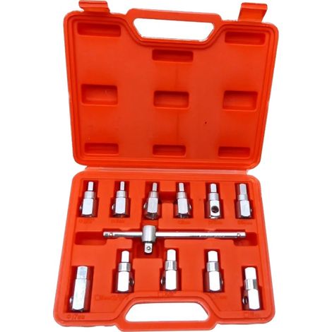 Jeu d'outils pour le retrait du bouchon de vidange d'huile, matériau en acier au carbone, longueur en T de 165 mm, compatible avec entraînement 3/8", 12 tailles de douilles incluses, conception durabl (1/3)
