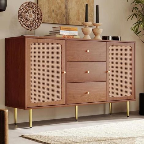 Commode - KOMHTOM - 150x40x90cm - Rotin Noyer - 2 portes 3 tiroirs - Étagère réglable (1/5)