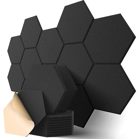 Panneaux Acoustiques Hexagonal Auto-Adhésif, 12 Pack Mousse Acoustique Haute Densité pour la Décoration Mur/Porte/Plafond et le Traitement Acoustique(30x26x0.9cm) - Noir