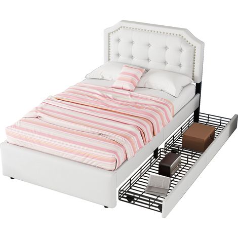 Lit 90 x 200 cm rembourré avec tiroirs, têtière réglable et clous décoratifs, coloris beige clair, chambre élégante et gain de place  CHICFURN (1/5)