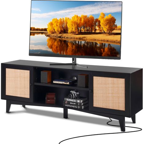 VEVOR Meuble TV en Rotin pour Televiseur de 75 pouces, Banc TV Boheme Porte en Rotin, Centre de Divertissement avec Prise Integree et 2 Etageres, Console TV Moderne pour Salon, Salle Multimedia, Noir (1/5)
