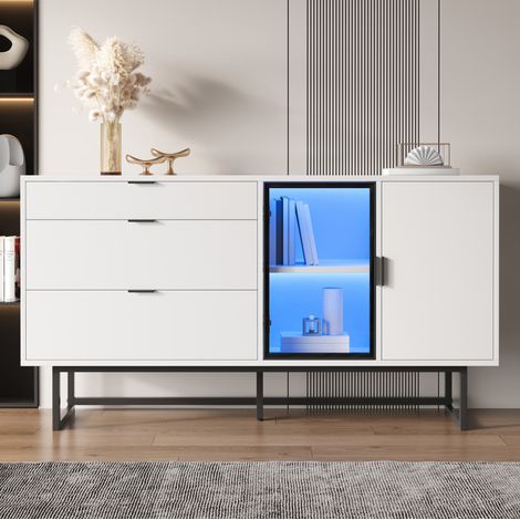 Credenza in MDF e truciolare bianca 160 x 36 x 78 cm con 3 cassetti, ante in vetro e luce LED (1/5)