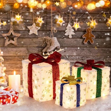 GOPLUS 3 PCs Boîtes-Cadeaux Lumineuses Noël sous Sapin de Noel, Lumineux 48 lumières Vives Décoration Noël Intérieur Extérieur pour Jardin, Maison et Fête Cubes 15/20/25CM (1/5)