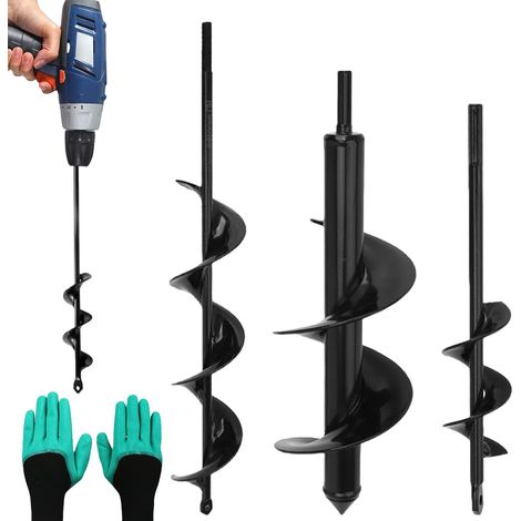 3PCS Tariere Pour Perceuse, 8×30cm 4×22cm 4×42cm Tarière, Meche Tariere, Tarière Thermique Foret Hélicoïdal de Jardin Fournissez 1 Paire de Gants pour Creuser des Trous et Cultiver en Profondeur (1/5)