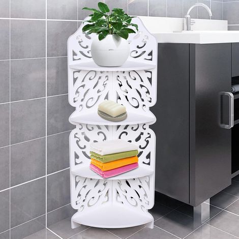 Étagère d'Angle à 4 Niveaux - Blanche, Sur Pied, Murale, Creuse Sculptée pour Salon, Salle de Bain, Articles de Toilette (1/5)