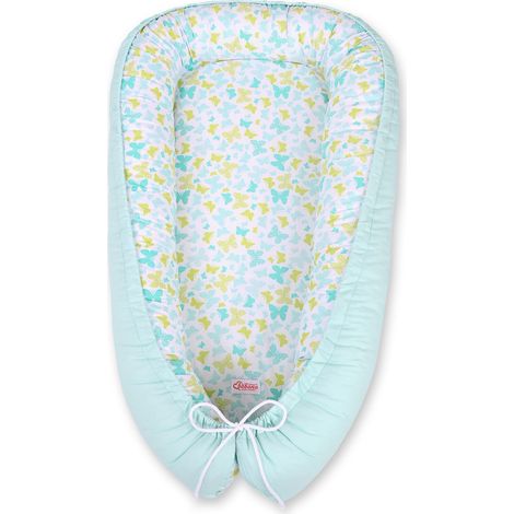 Coccolone per neonati, double-face, box, fasciatoio, Premium BOBONO - farfalle blu/menta (1/5)