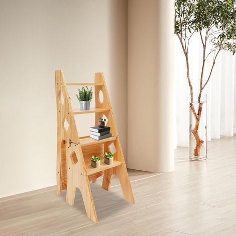 Tabouret pliant avec échelle - Échelle 2 en 1 en bois massif (pin) - 4 marches et charge maximale de 100 kg - Pour cuisine, salon et jardin - Pliable et peu encombrant (couleur bois) (1/5)