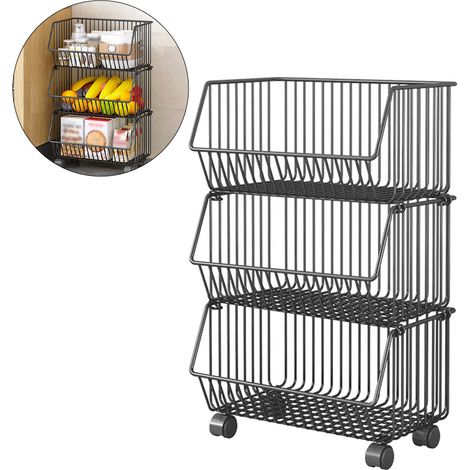 Cesto per frutta a 3 livelli per carrello da cucina, cestini portaoggetti impilabili in filo metallico con ruote, contenitori per patate e cipolle, soggiorno, casa, ufficio. (1/5)