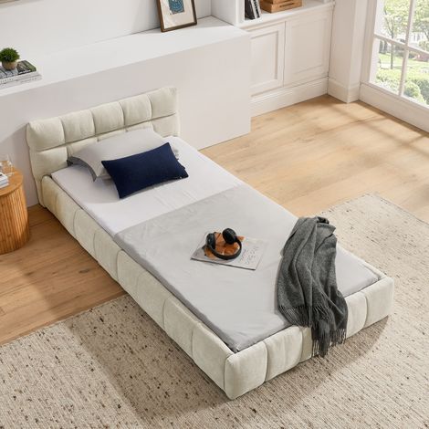 Bett Einzelbett 90x200 platzsparend Chenille Beige HAVRYA (1/5)