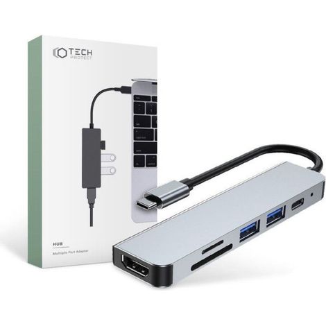 Adaptateur Hub USB-C - 6 Ports - 2x USB-A 1x USB-C 1x HDMI 1x Micro SD 1x SD - Aluminium - 11,4 x 2,7 x 1 cm - 1 Pièce (1/5)