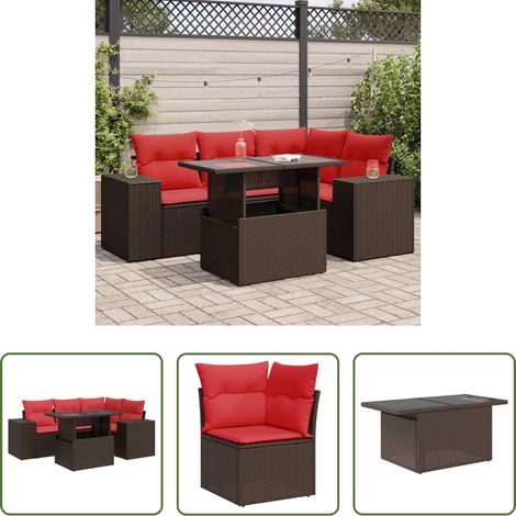 vidaXL Canapé de terrasse - Salon de jardin avec coussins 5pcs marron résine tressée acacia (1/5)