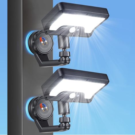 Lampes solaires magnétiques d'extérieur avec détecteur de mouvement, 92 LED, 600 lm, pour clôture, étanches IP65, avec aimants puissants, idéales pour terrasse, patio, camping-car, caravane (lot de 2) (1/5)