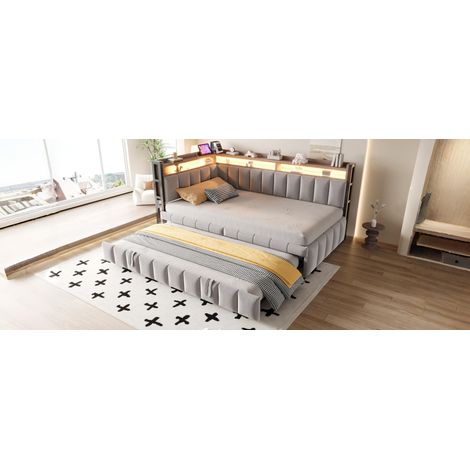 Cama sofá moderna 90x200 cm en tela gris, con cama nido extraíble, LED, almacenaje, USB y somier de láminas (1/5)