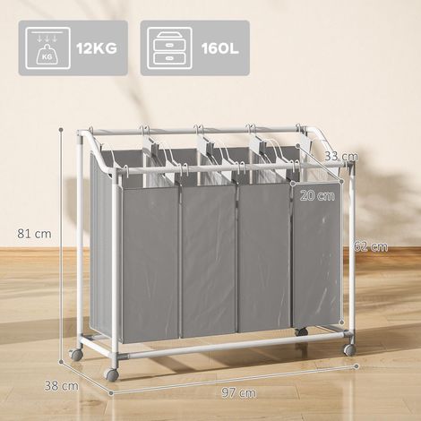 Panier à linge mobile, chariot linge sale, corbeille à roulettes avec 4 sacs amovibles, 4 x 40L, 97 x 38 x 81 cm, gris (1/5)