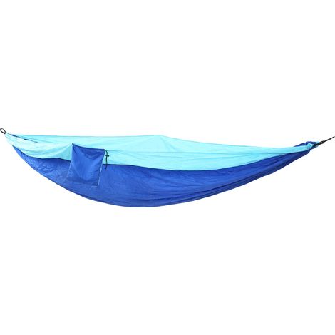 Tragbare Hängematte für 2 Personen aus Fallschirmseide, ideal für Reisen und Wanderungen. Himmelblau und Blau. (1/5)