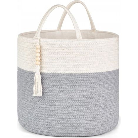Panier de rangement tressé, gris et blanc, 1 pièce, 282828cm, décoré de corde naturelle, pour le salon et la décoration intérieure. (1/5)