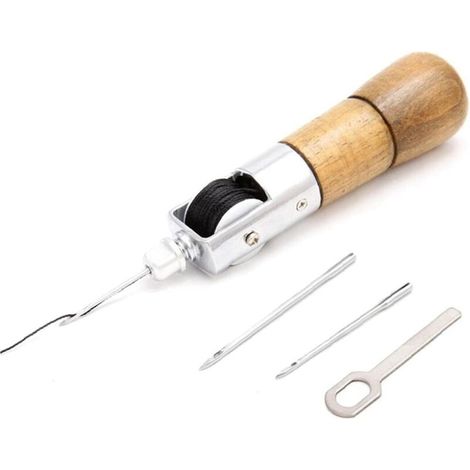 Manche en bois en cuir couture Poinçon Kit, Stitcher main professionnelle main en cuir Machine à coudre, outil de verrouillage pour le bricolage Kit Brochage couture Réparation Toile Cuir