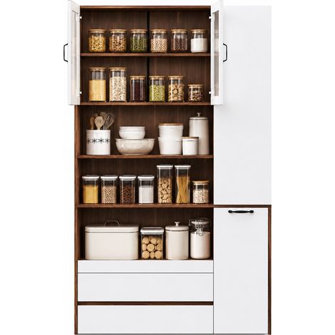 ELVMI Aparador Alto con 2 Cajones, Estante Extraíble y Puertas de Vidrio Estriado para Cocina, MDF, Blanco Nogal, 100 x 40 x 200 cm (1/5)