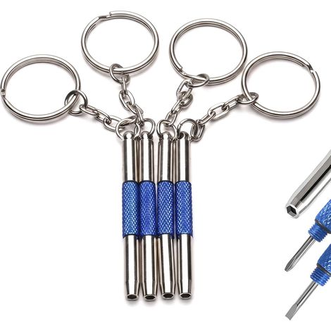4 Pcs Mini Tournevis Lunettes Opticien, Kit de Réparation 3 en 1 de Précision en Métal, Petit Tournevis pour Lunettes de Vue, Montres et Bijoux avec Porte-Clés Portable - Bleu (1/5)