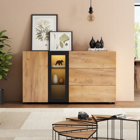 Buffet 140x40x80 cm en bois brun, avec rangement, moderne pour salon FloraGrace (1/5)
