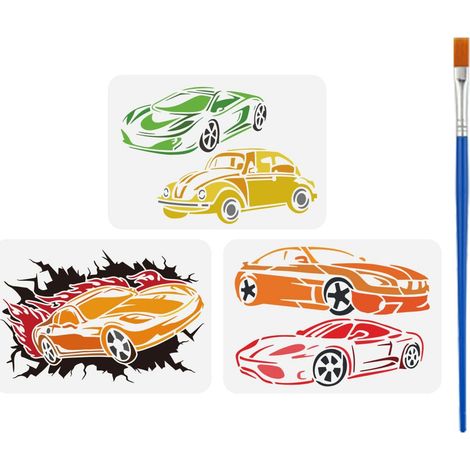3Pcs Pochoir de Dessin de Voiture de Sport Avec Un Pinceau 29.7X21cm Modèle de Peinture Roadster Voiture de Course Classique Berline Pochoir de Décoration DIY pour Bois Mur Tissu Meubles (1/5)