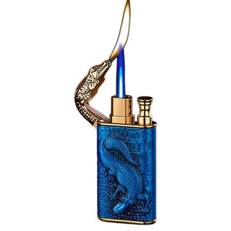 Briquet à double flamme Crocodile-Relief Magics, coupe-vent, rechargeable au butane, en métal, idéal pour le camping et les bougies. Couleur : G (1/4)