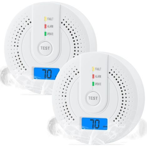 Battery-operated carbon monoxide detector with sensitive sensor, digital display and audible alarm for use in homes, hotels and other spaces, 2 pieces (1/5)