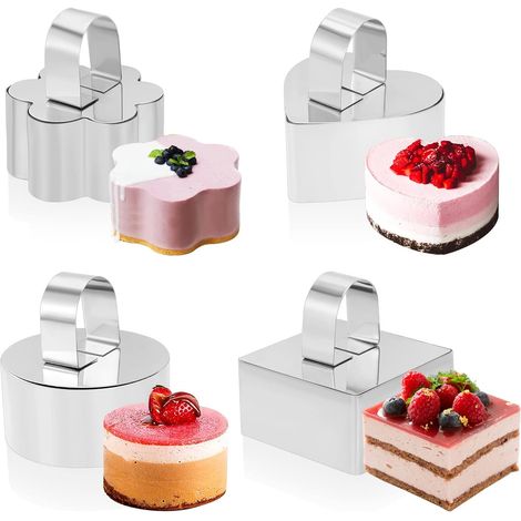 4Pièces Cercle a Patisserie, Emporte Piece Patisserie Forme de Rond Carré Fleur Coeur, Moule Gateau Cercle Tartelette Cuisson Anneau à Gâteau Moules à Mousse Anneaux à Dessert pour Mini Gâteau Mousse (1/5)