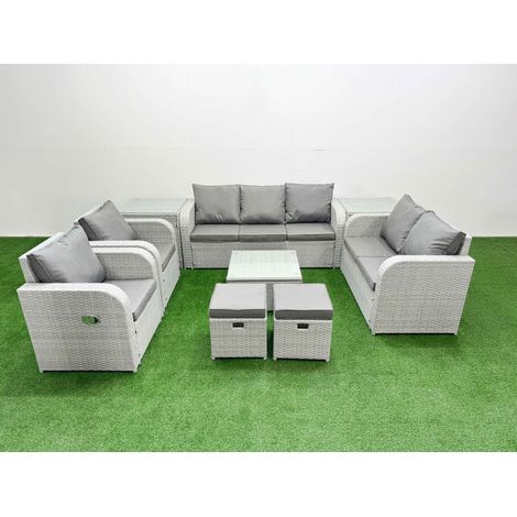 Fimous PE Rattan Garden Furniture Set Adjustable Chair Sofa Double Love Seat 2 Seater Sofa Lounge Set Square Coffee Table 2 Stools 2 Side Table Light Grey (1/4)