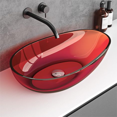 doporro Lavabo da Appoggio Ovale Asimmetrico 60x36x14 cm in Resina Trasparente Rossa per Bagno e WC Ospiti Coloria04 (1/5)
