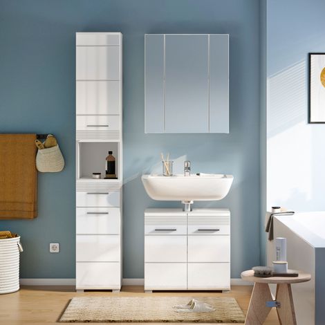 Ensemble 2 meubles + armoire de toilette décor blanc brillant - KUEDA
